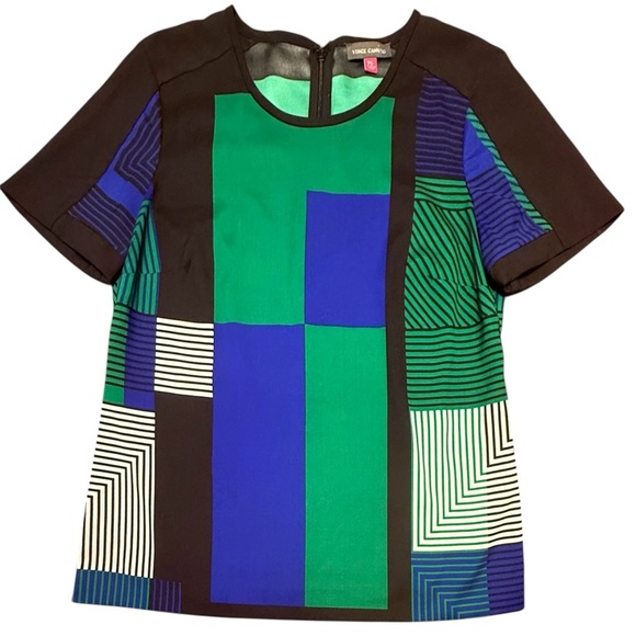 Vince Camuto Colorblock Black/Blue/Green/White Geometric Short Sleeve Blouse SP - Picture 1 of 11